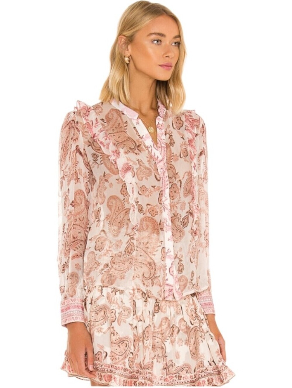 HEMANT & NANDITA Pink Paisley Ruffle Blouse Floral Beaded Sheer Top Romantic